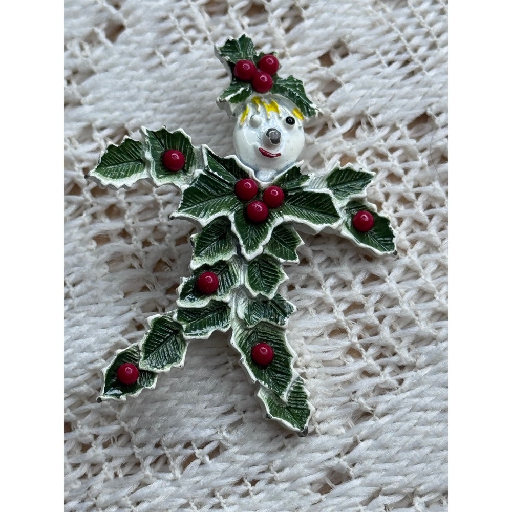 Vintage Beatrix Enamel Holly Man Christmas Brooch Green Red Holiday Pin Signed